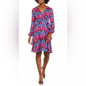 Tahari ASL V Neck Faux Wrap Multi Colored Chevron Dress Blouson Sleeve 12 Career